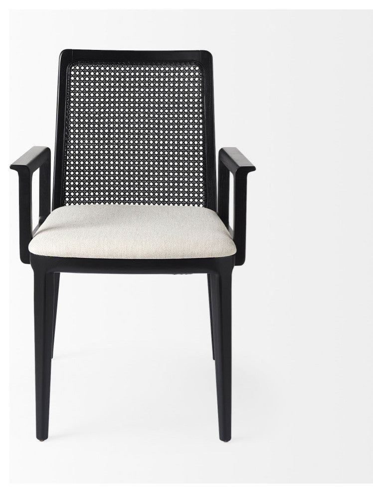 Clara Cream Fabric Seat And Cane Back With Black Solid Wood Frame Dining Chair