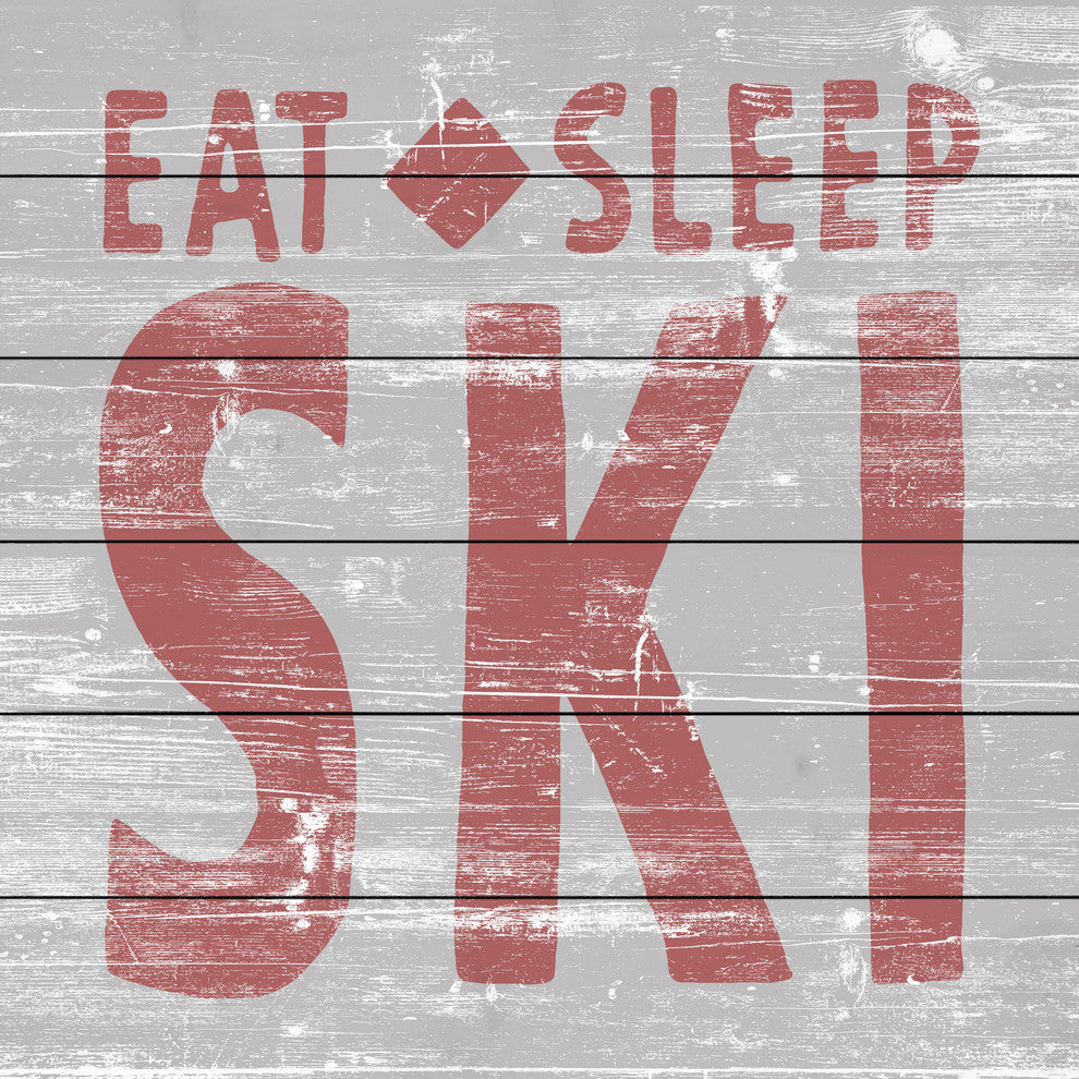 "Eat Sleep Ski" Painting Print on White Wood, 24"x24"