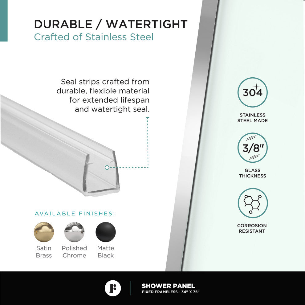 Single Fixed Glass Shower Panel - Clear Tempered Frameless Shower Glass Door, Polished Chrome, 34"