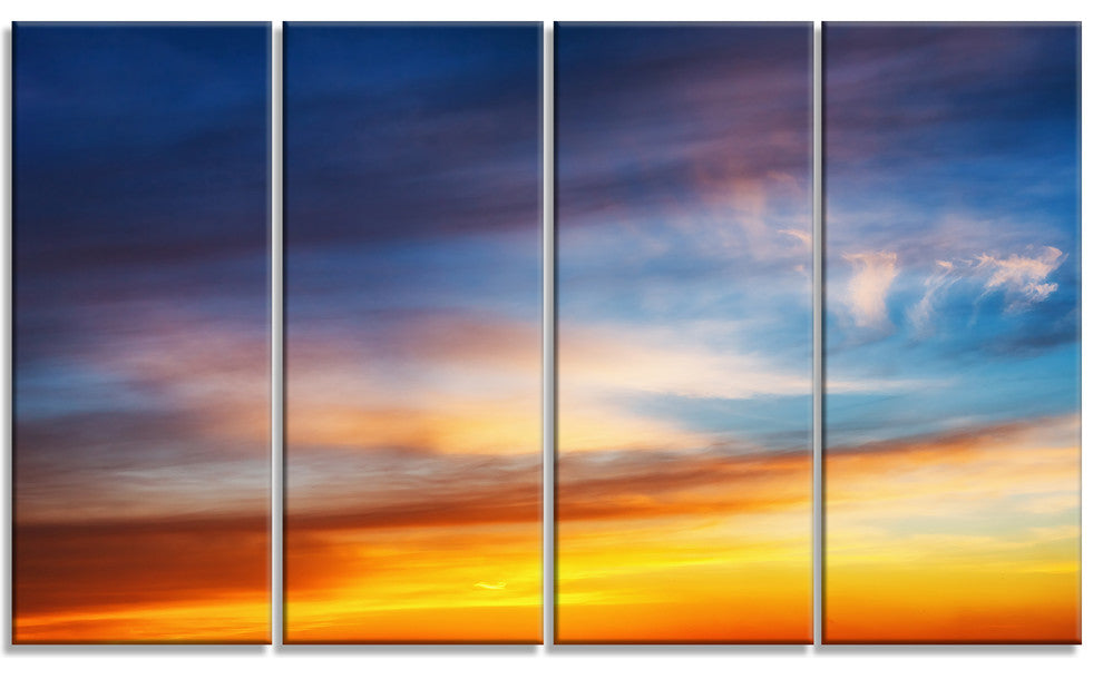 Sunset Dramatic Yellow Sky Clouds, Seashore Canvas Print, 48"x28", 4 Panels