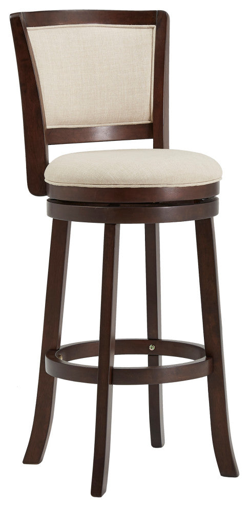 Janczy Dark Cherry Finish Beige Linen Swivel Chair, Bar Height