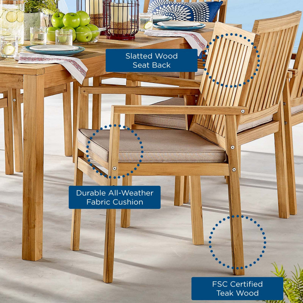 Side Dining Chair and Table Set, Wood, Brown Natural Taupe Gray, Modern, Outdoor
