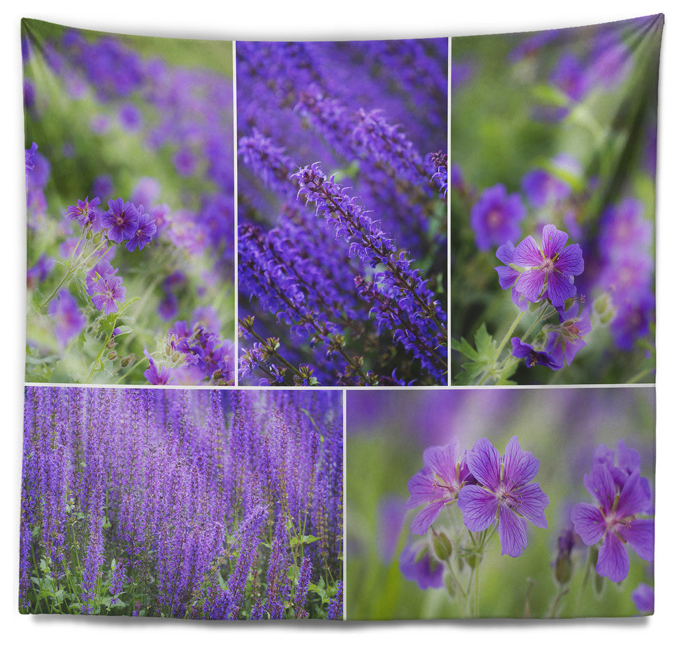 Blue Spring Flowers Collage Floral Wall Tapestry, 60"x50"