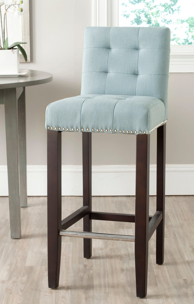 Safavieh Thompson Barstool, Sky Blue, Espresso, Fabric, With Nail Head