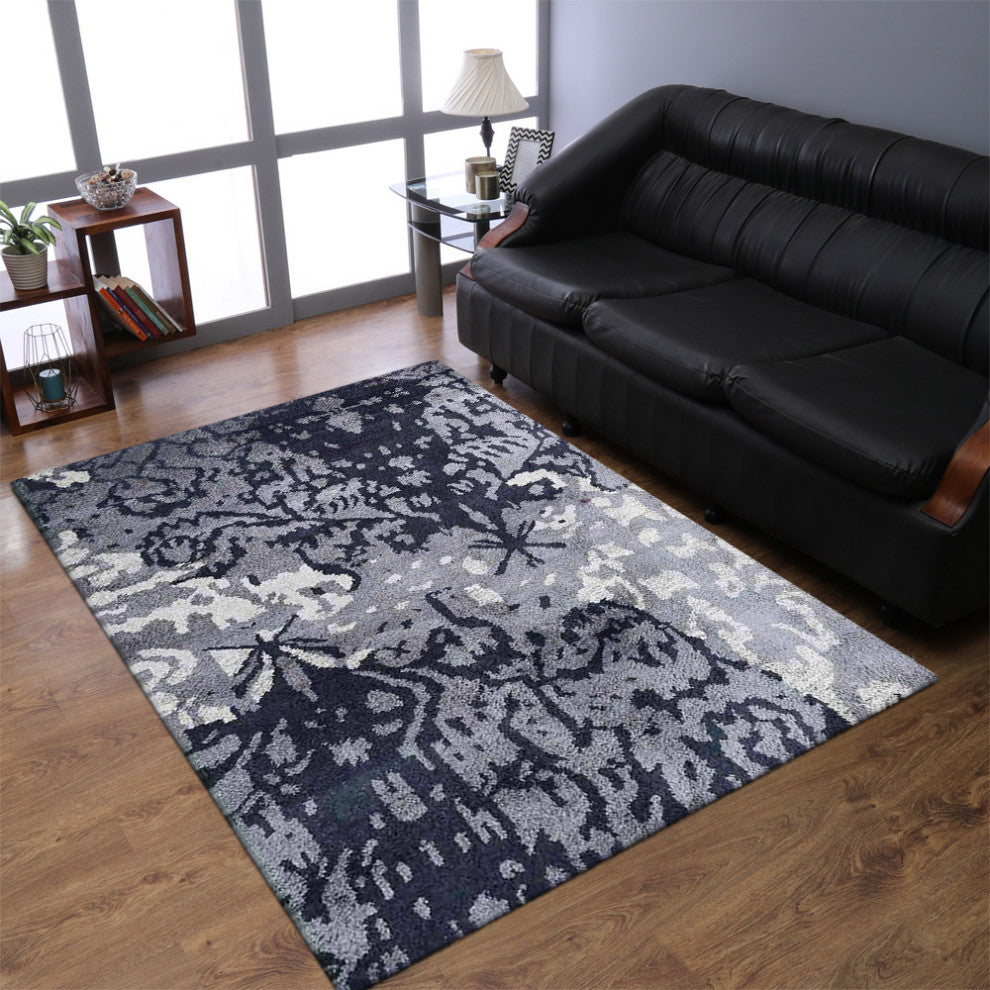 Hand Knotted Silk Area Rug Abstract Gray White