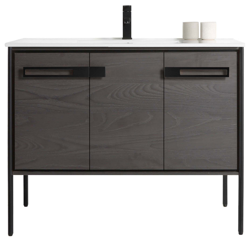 Oakville Bath Vanity, Ceramic Sink, Black Coal Oak, 42 Inch, Black Hardware