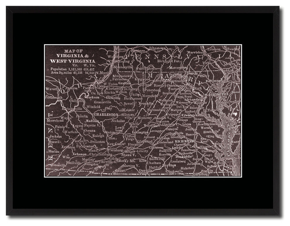 West Virginia Vivid Sepia Map Print On Canvas With Frame, 16" X 21"