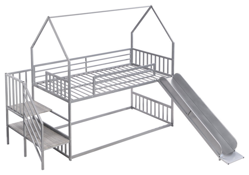 Gewnee Twin over Twin Metal Bunk Bed House Bed with Slide and Staircase