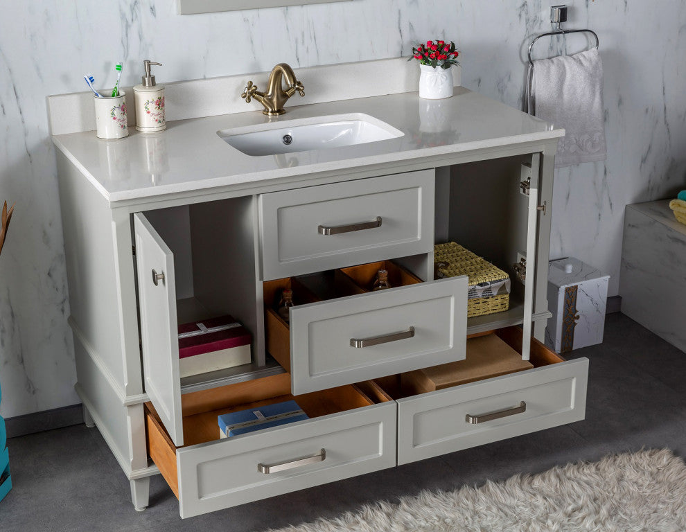 Nera Collection 48" Bath Vanity Quartz Top and Ceramic Sink, Grey, 48"