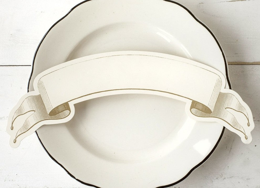 Vintage Style Large Scroll Paper Place Card Labels | Set 36 Gold Cream Ribbon