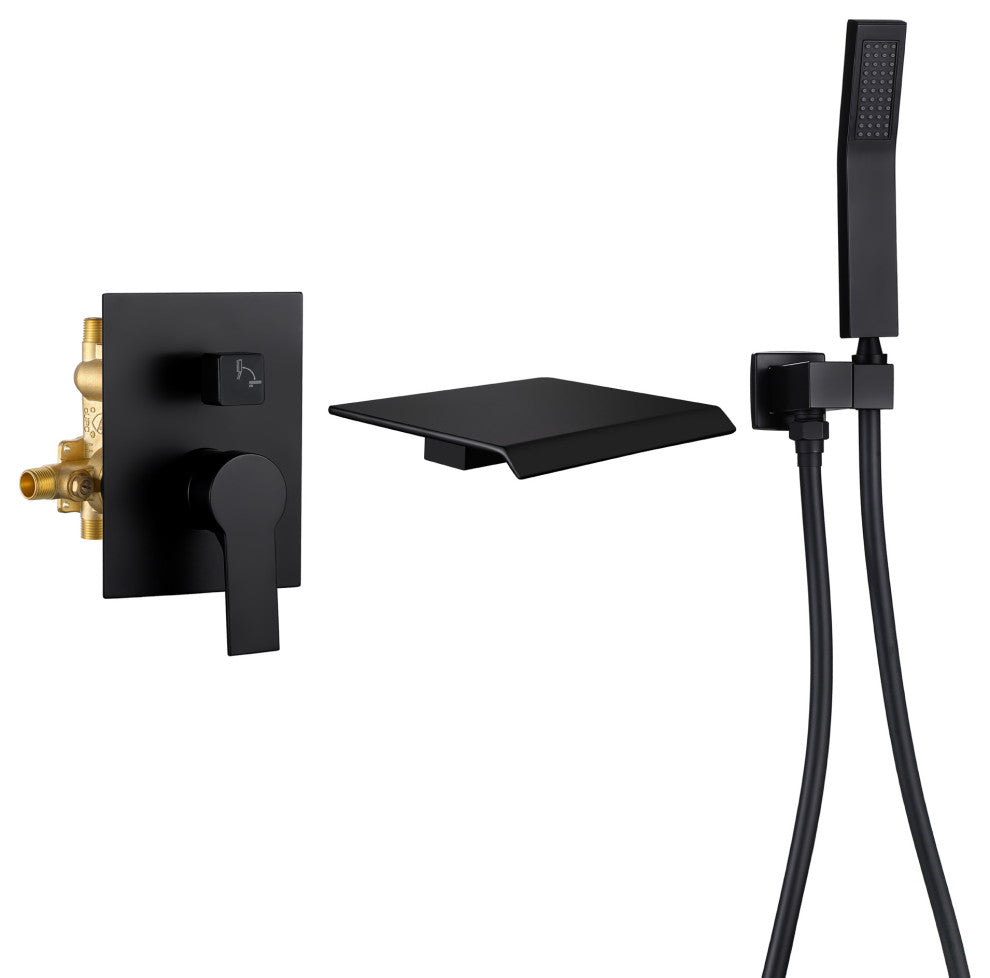 Wellfor Shower Faucet Set, Waterfall Tub Spout and Hand Shower, Black