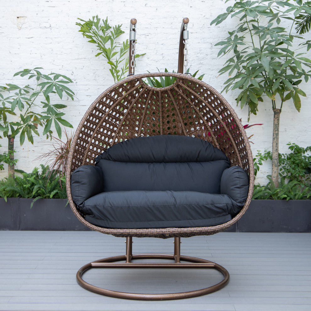 LeisureMod Mendoza Dark Brown Wicker Hanging Double Egg Swing Chair, Black