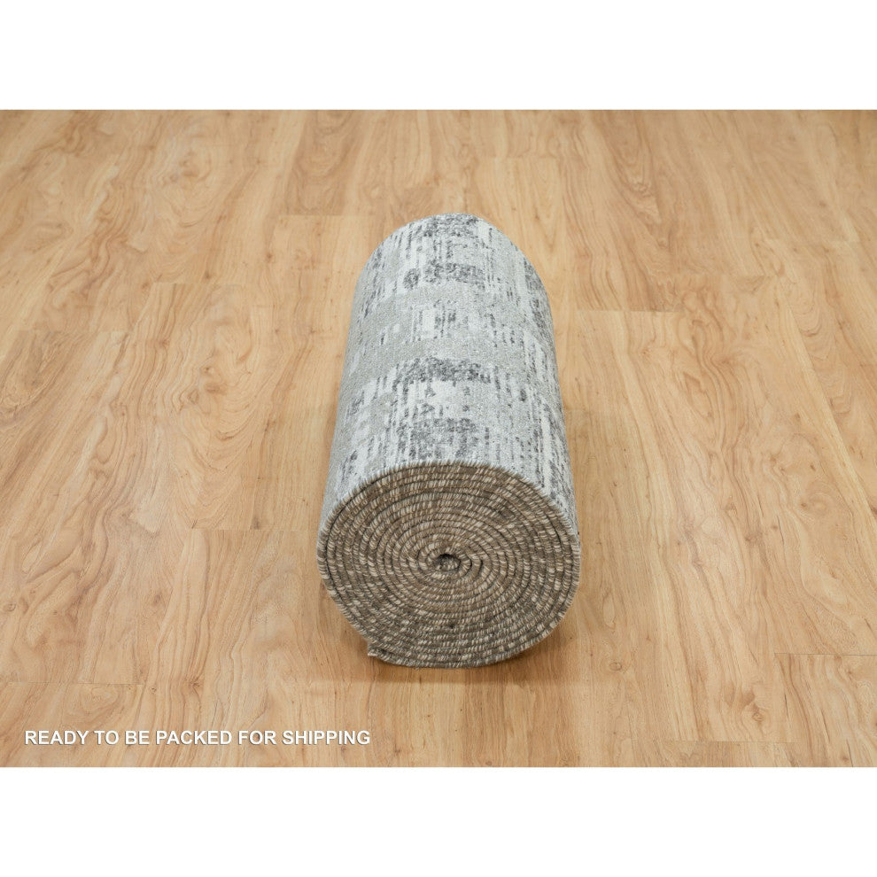 Gray, Hand Spun Wool, Hand Knotted, Modern Design, XL Runner Rug, 2'7"x25'6"