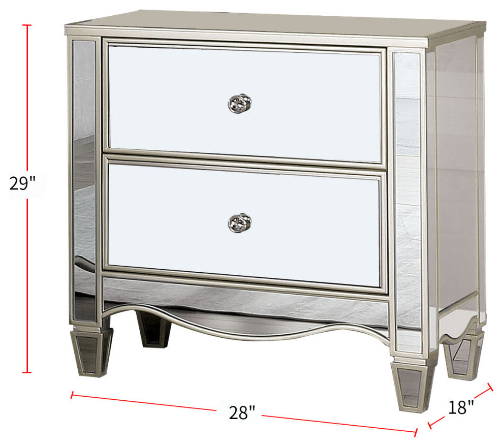 2 Drawers Night Stand with Mirror Panels Design, Silver