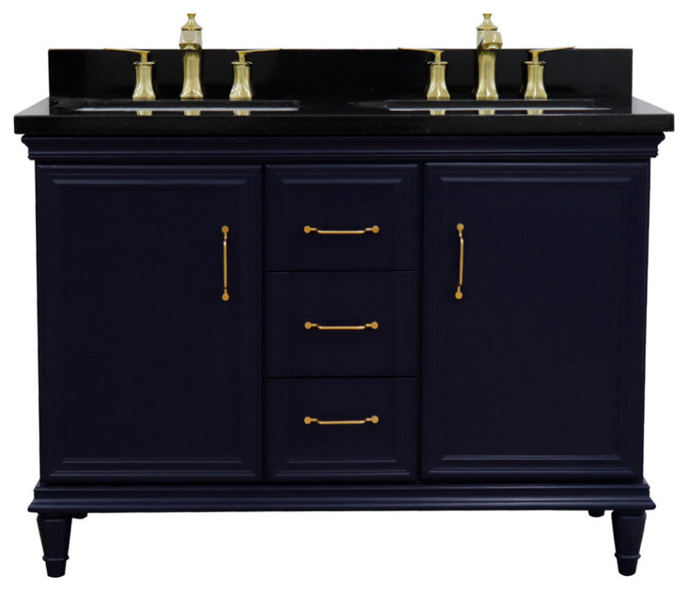 49" Double Vanity, Blue Finish With Black Galaxy And Rectangle Sink