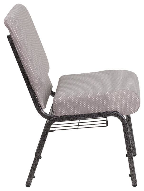 21''W Church Chair in Gray Dot Fabric with Book Rack-Silver Vein Frame