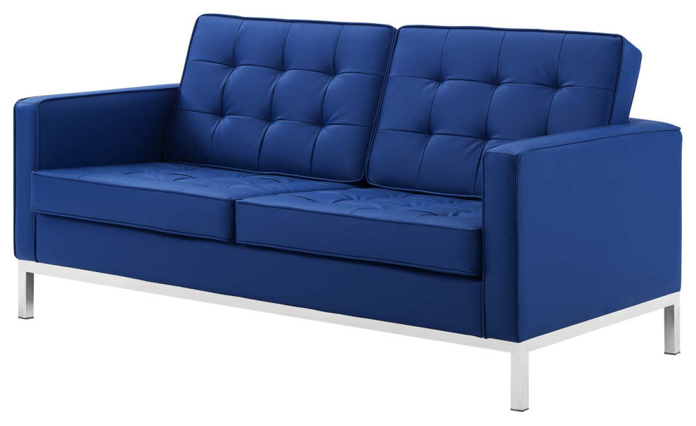 Tufted Loveseat and Sofa Set, Faux Leather, Silver Blue Navy, Modern, Lounge