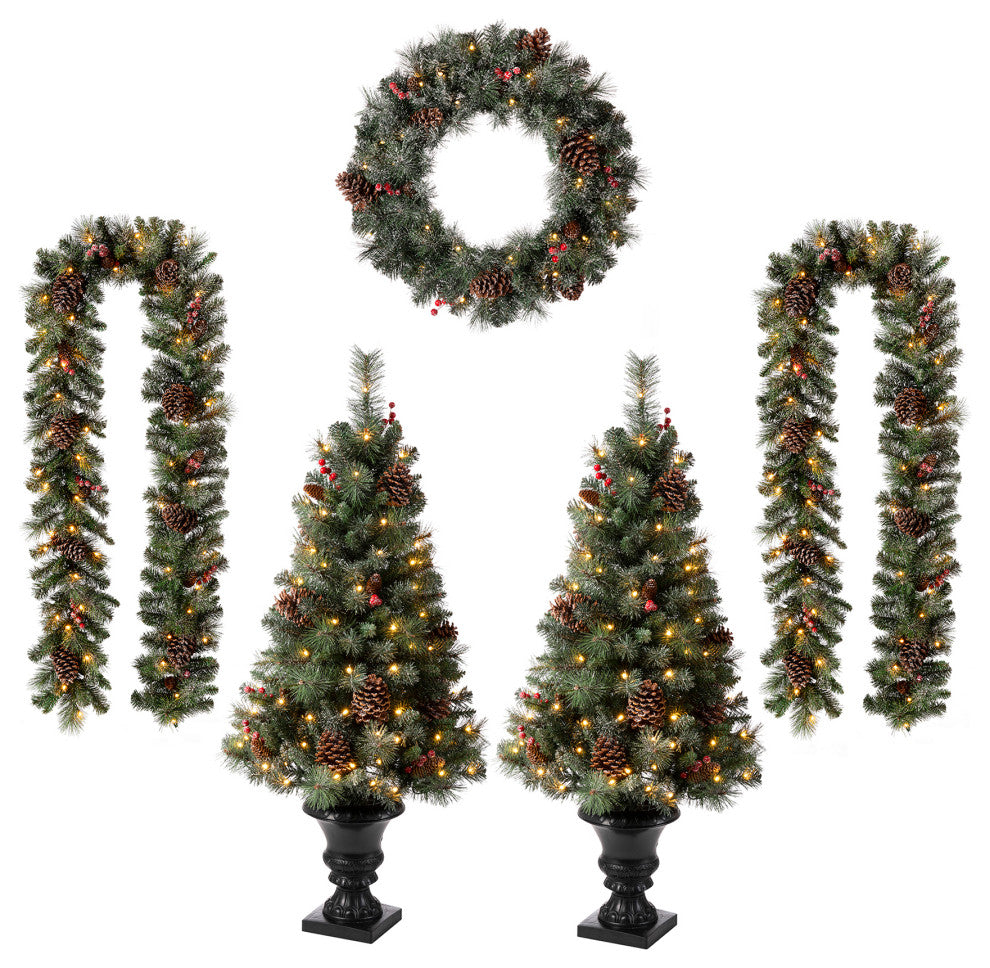 24"D Pre-Lit Christmas Wreath, 2-Pack 9' Garland & 2-Pack Flocked Christmas Tree