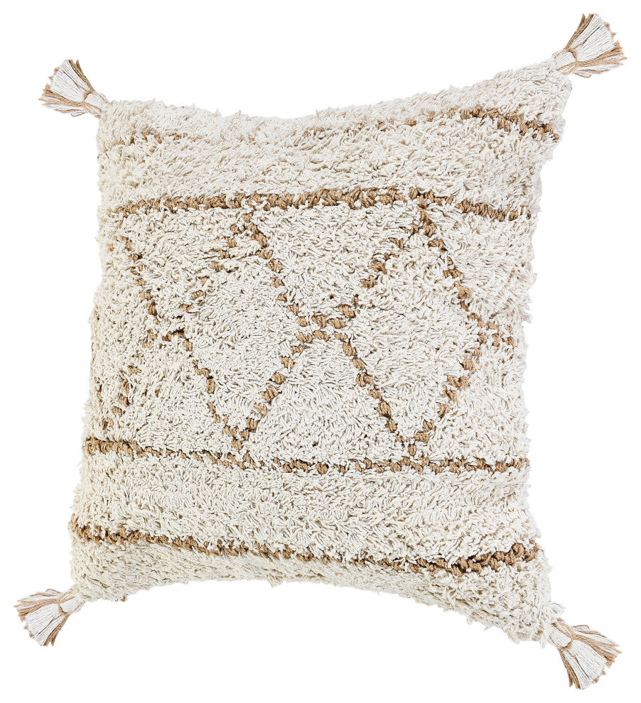 Boho-Chic Diamond Jute and Cotton Throw Pillow, 20" X 20"