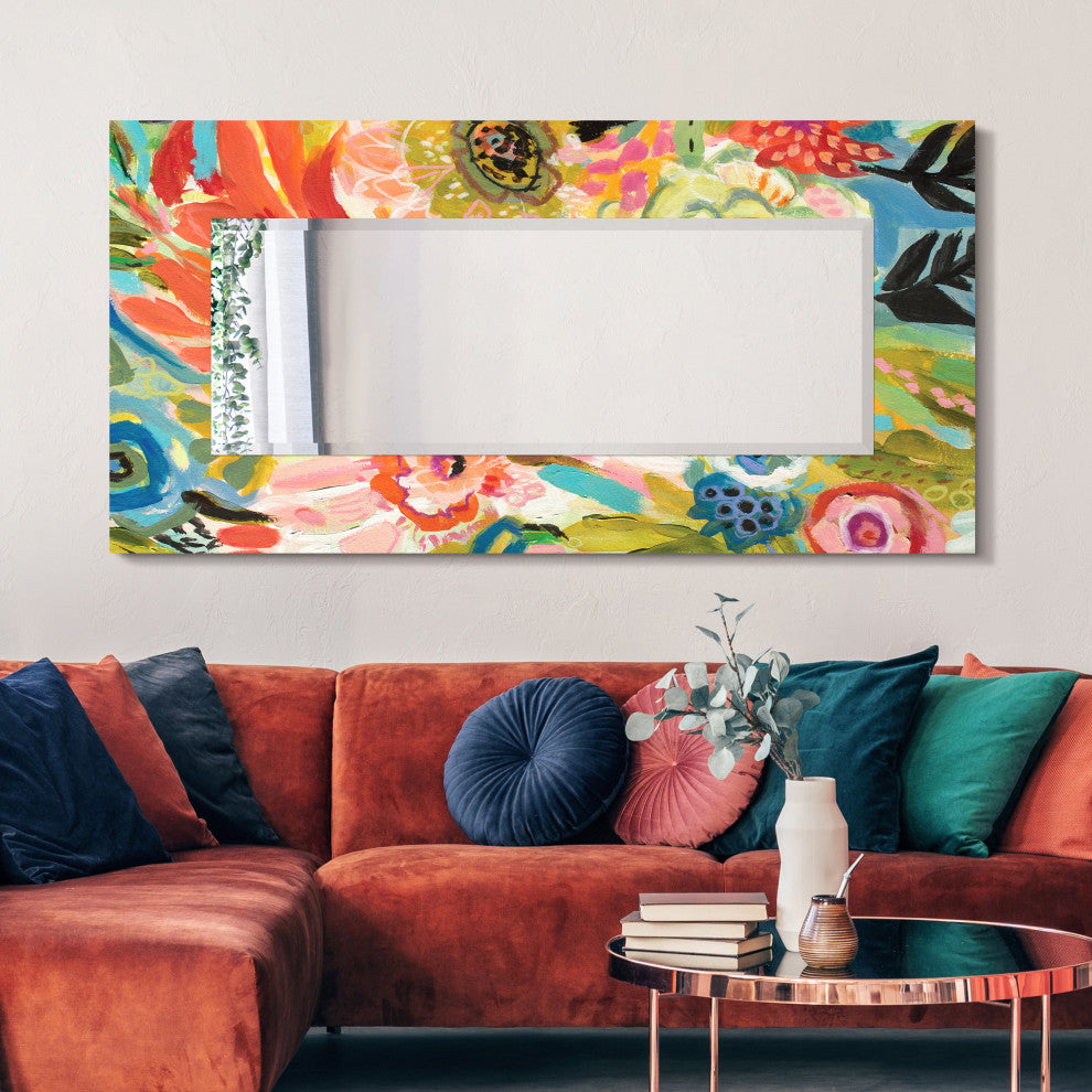 "Secret Garden Floral III" Frameless Reverse Printed Art Glass Mirror, 72" X 36"