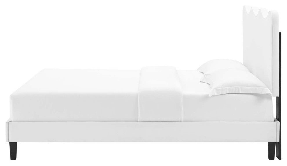 Platform Bed Frame, King Size, White, Velvet, Modern, Bedroom Guest Suite
