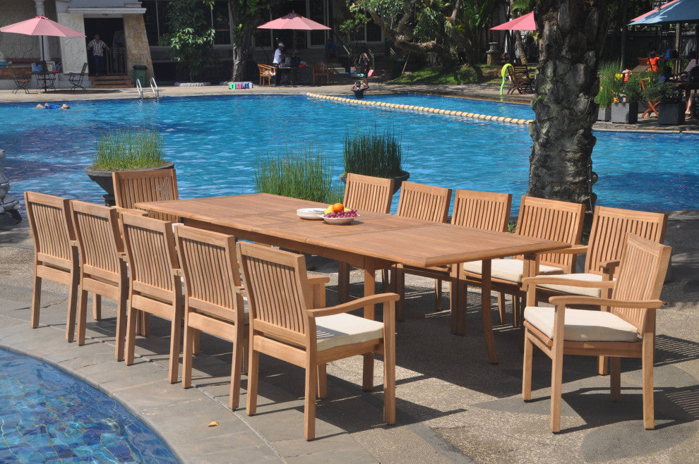 13-Piece Outdoor Teak Dining Set: 117" Rectangle Table, 12 Leveb Stacking Chairs