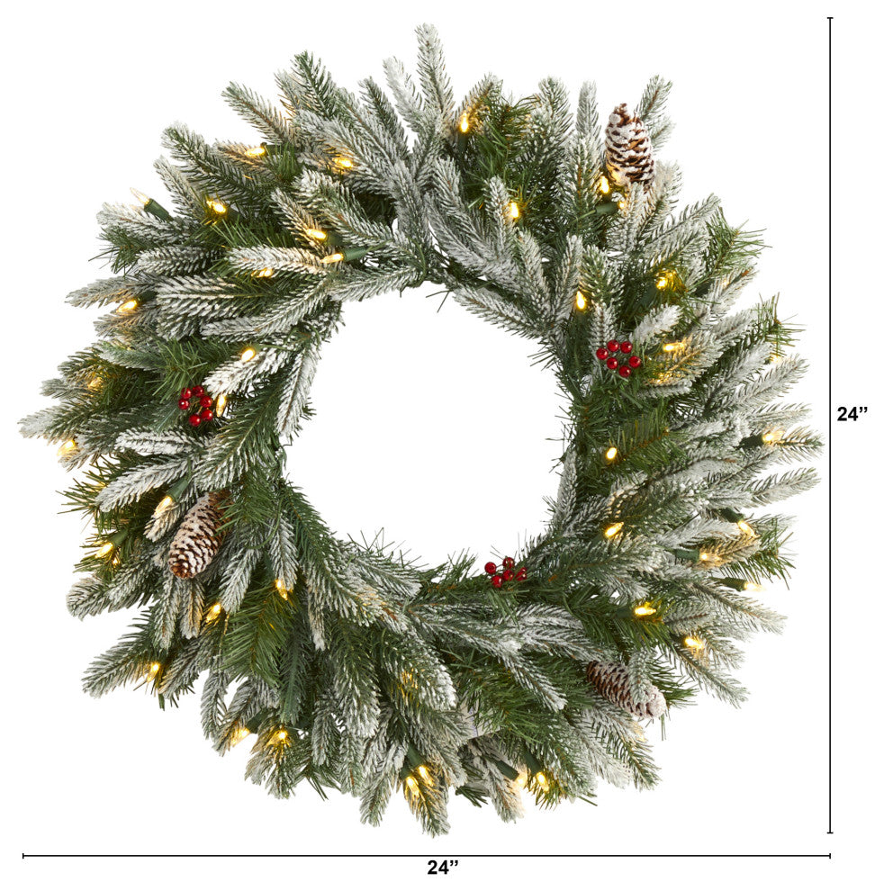 24ï¿½ Snowed Christmas Wreath with 50 Warm White LED Lights and Pine Cones