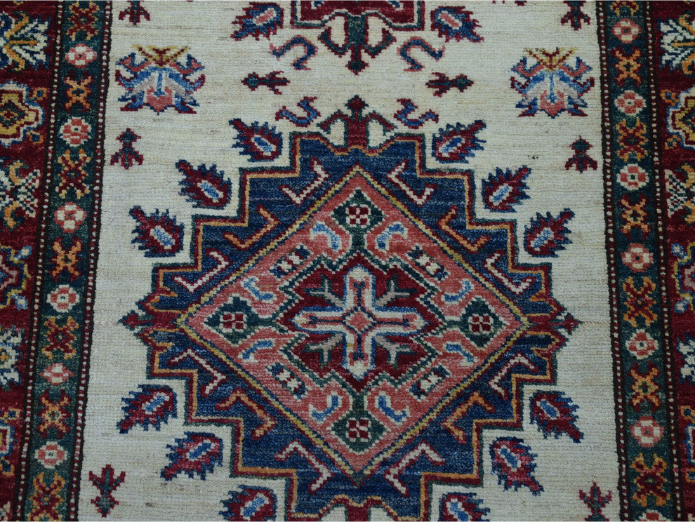 Ivory Super Kazak Geometric Design Hand-Knotted XL Runner Rug, 2'9"x19'1"