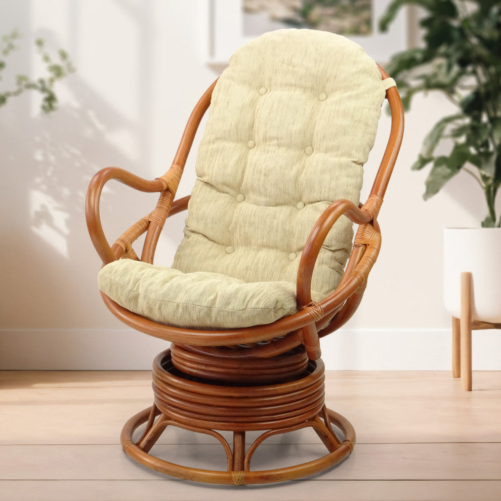 Java Lounge Swivel Rocking Rattan Wicker Chair Colonial, Cream Cushion