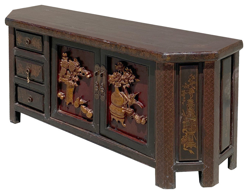 Chinese Distressed Brown Golden Flower Motif TV Console Table Cabinet Hcs6127