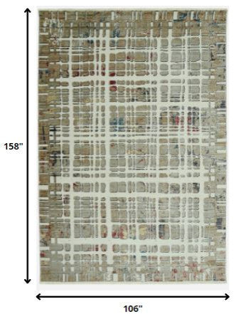 9"x13" Ivory Khaki Distressed Plaid Area Rug