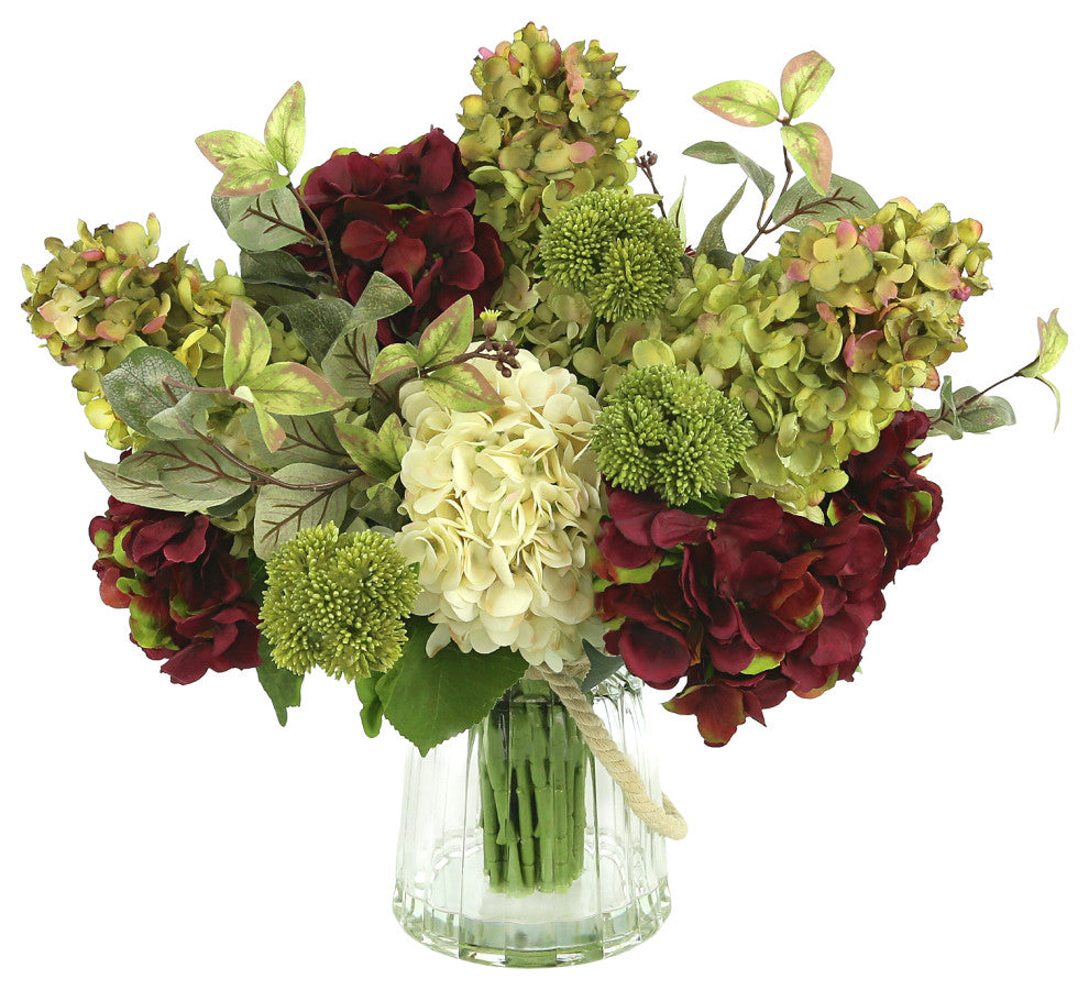 Creative Displays Arrangement, Hydrangea, Sedum and Ivy, Glass Vase With Rope