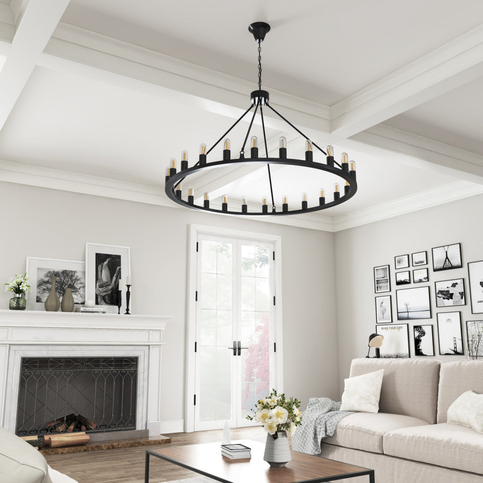 24-Light Candle Wagon Wheel Chandelier Farmhouse Black Pendant Lights, Black