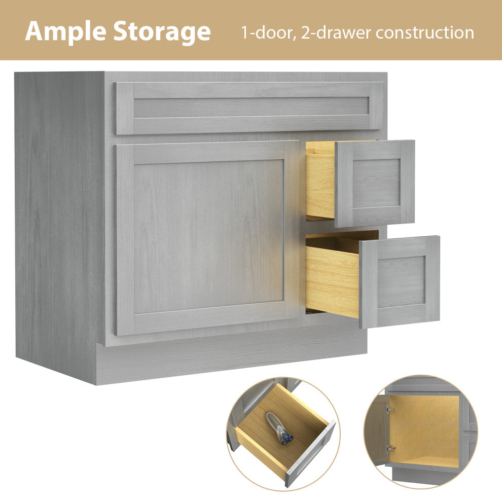 Vanity Art Vanity Base Cabinet, No Top, Drawers on Right, 36", Silver