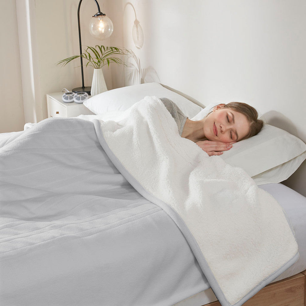 Serta Fleece to Sherpa Heated Fleece and Sherpa Bedding Blanket, Light Grey
