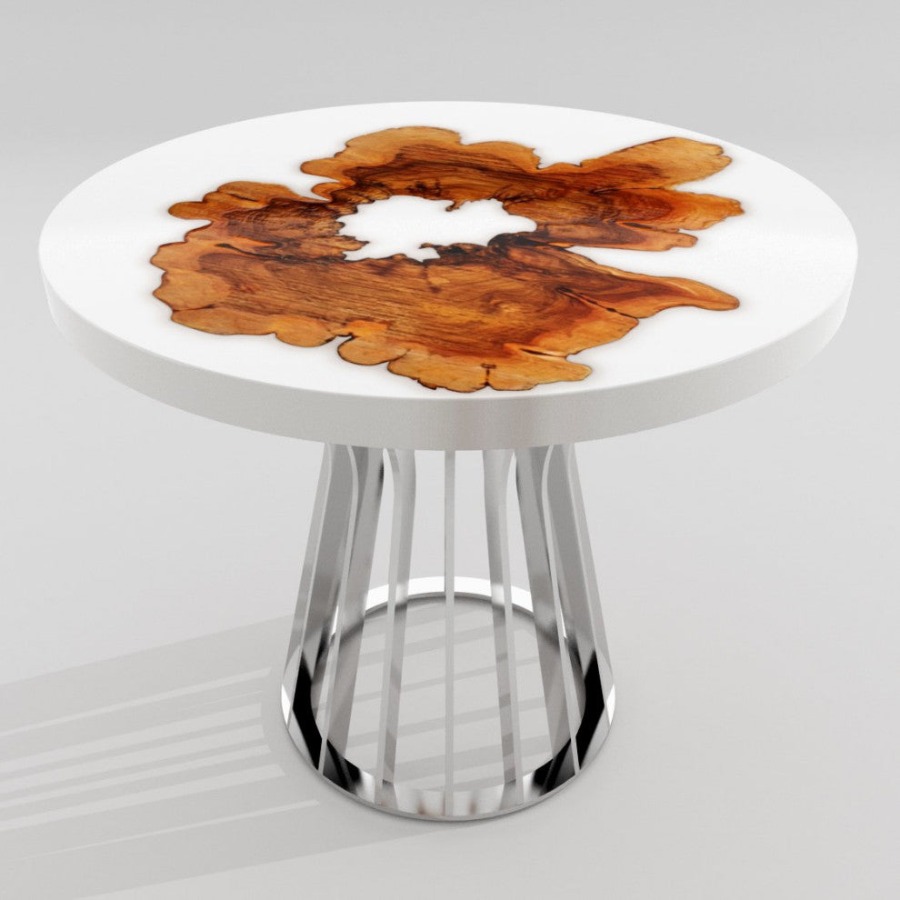 Cross-Cut Olive Wood Round Table, White Top and Chrome Base, 4 Seater