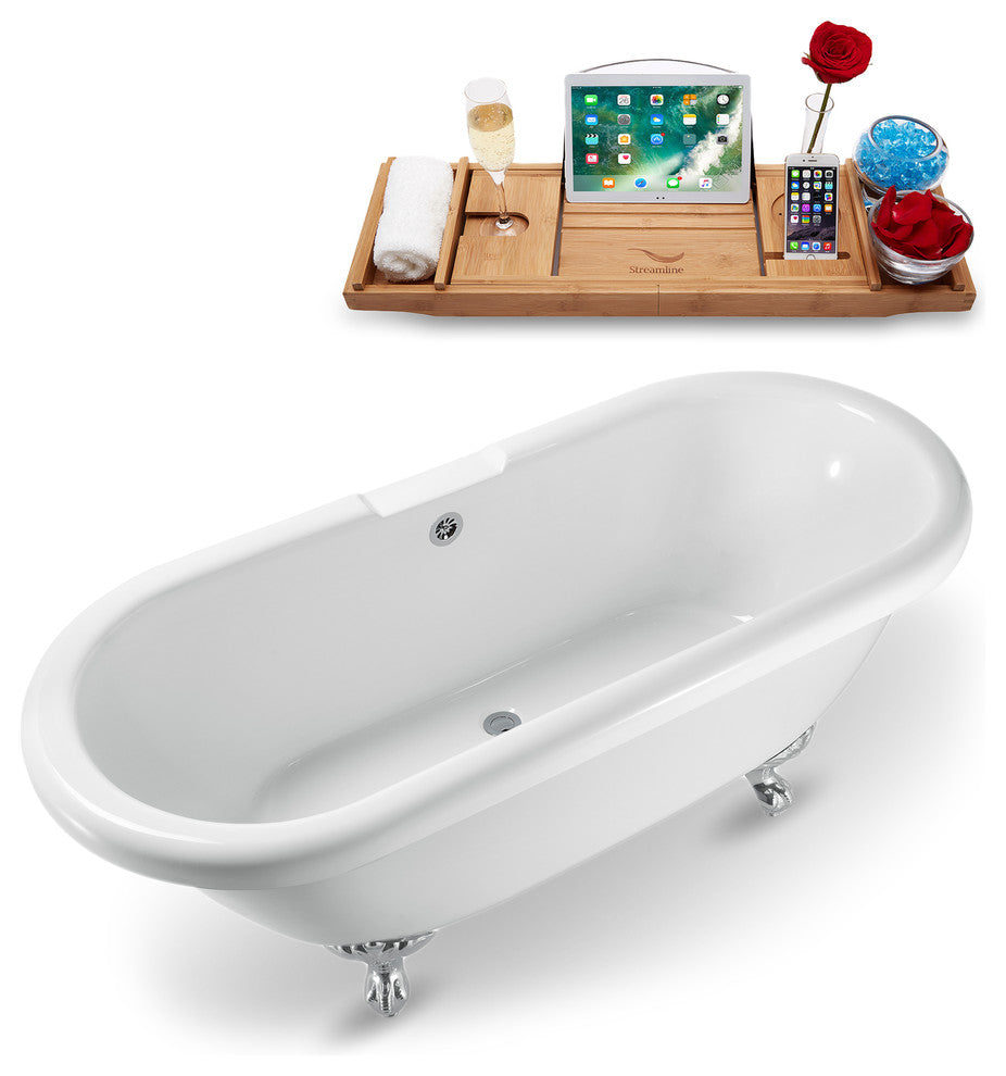 67" White Clawfoot Tub and Tray, Chrome Feet, Chrome External Drain