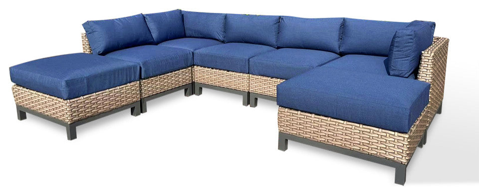 Delta 7-Piece Wicker Outdoor Sectional with Cushions, Spectrum Indigo Acrylic