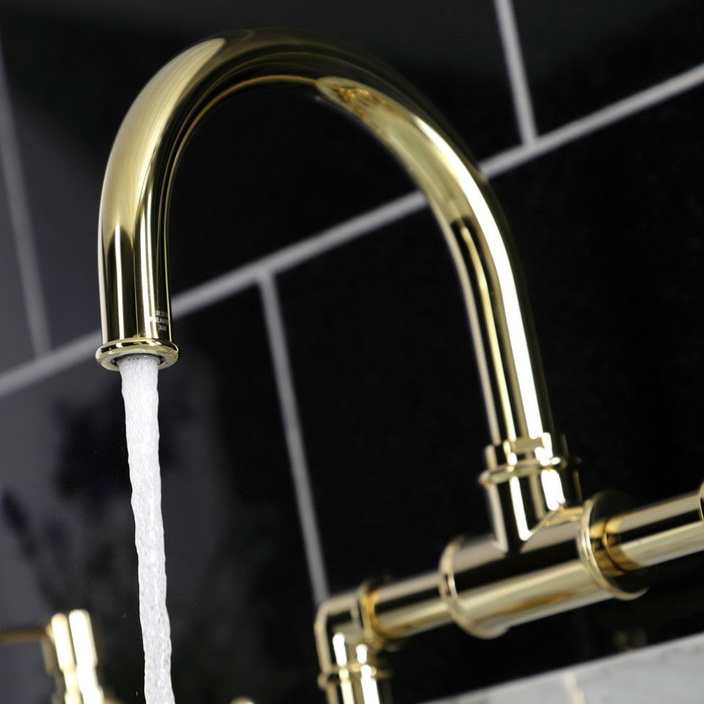 Belknap Style Wheel Handle Bridge Bathroom Faucet With Drain, Polished Brass