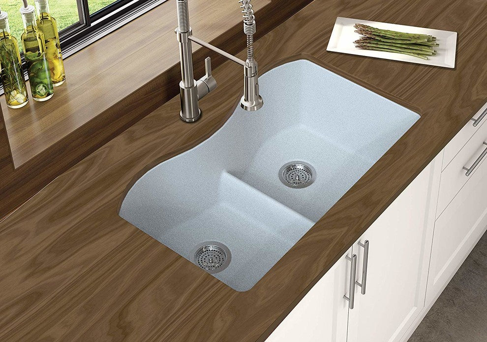 Winpro White Granite Quartz 33"x22"x10" Double Low Divide Undermount Sink