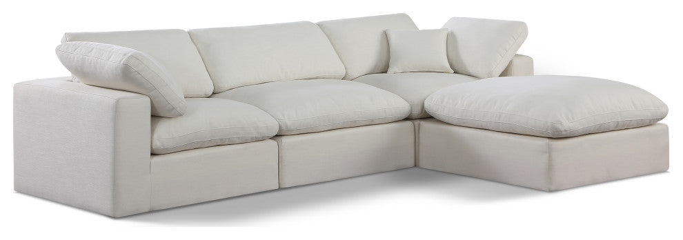 Comfy Upholstered L-Shaped Modular Sectional, Cream, 4-Piece: 1 Armless Chair, 2 Corner Chair, 1 Ottoman, Linen Textured Fabric
