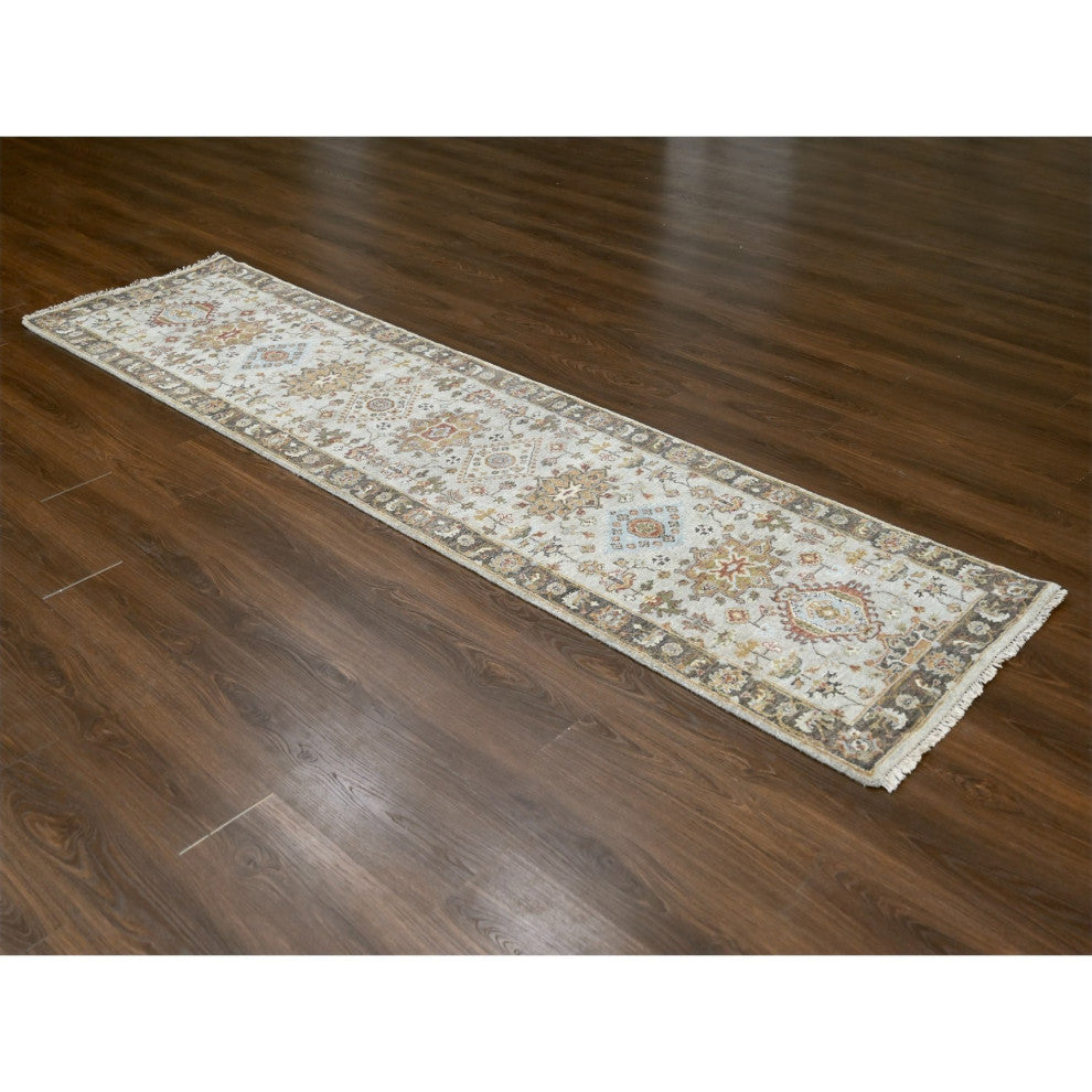 Goose Gray, Karajeh Design, Pure Wool, Hand Knotted Runner Rug, 2'7"x10'