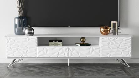 86.5" Modern Vortice TV Stand White Lacquer Body Chrome Legs Geometric Paneling