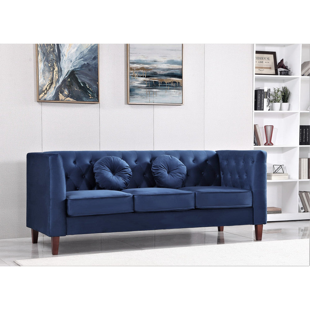 Elegant Sofa, Chesterfield Inspired, Velvet Seat & Button Tufted Back, Dark Blue