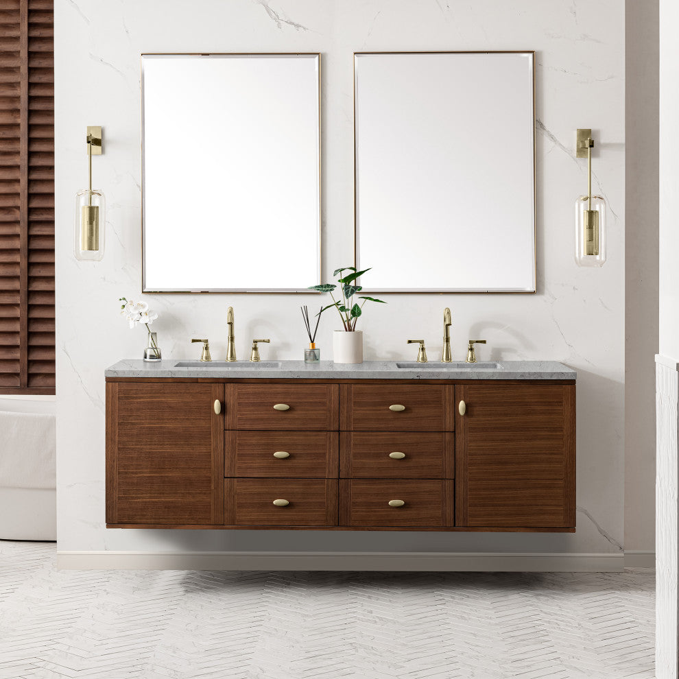 Amberly 30" Single Vanity, Mid-Century Walnut, 72", Eternal Jasmine Pearl, Three-Hole