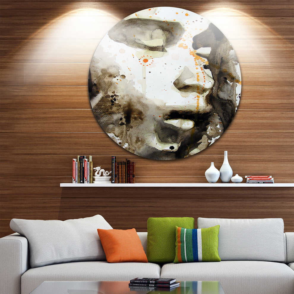 Brown Illustrated Girl, Portrait Painting Disc Metal Artwork, 23"