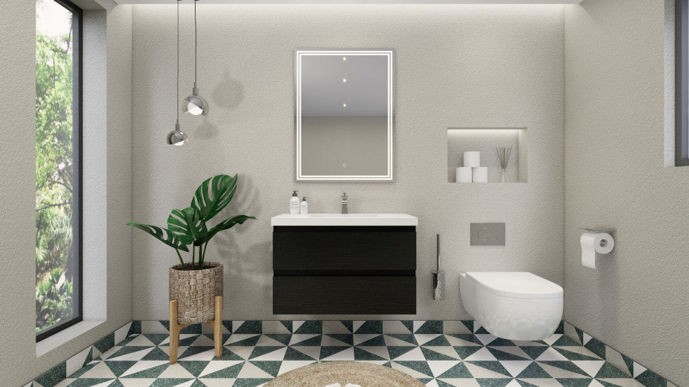 Belli 36" Wall Mounted Single Bathroom Vanity Set, Rich Matt Black, Glossy White Top
