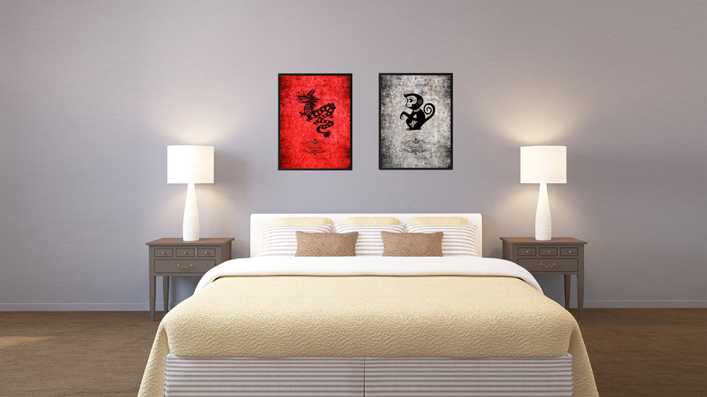 Monkey Chinese Zodiac Black Print on Canvas with Picture Frame, 28"x37"