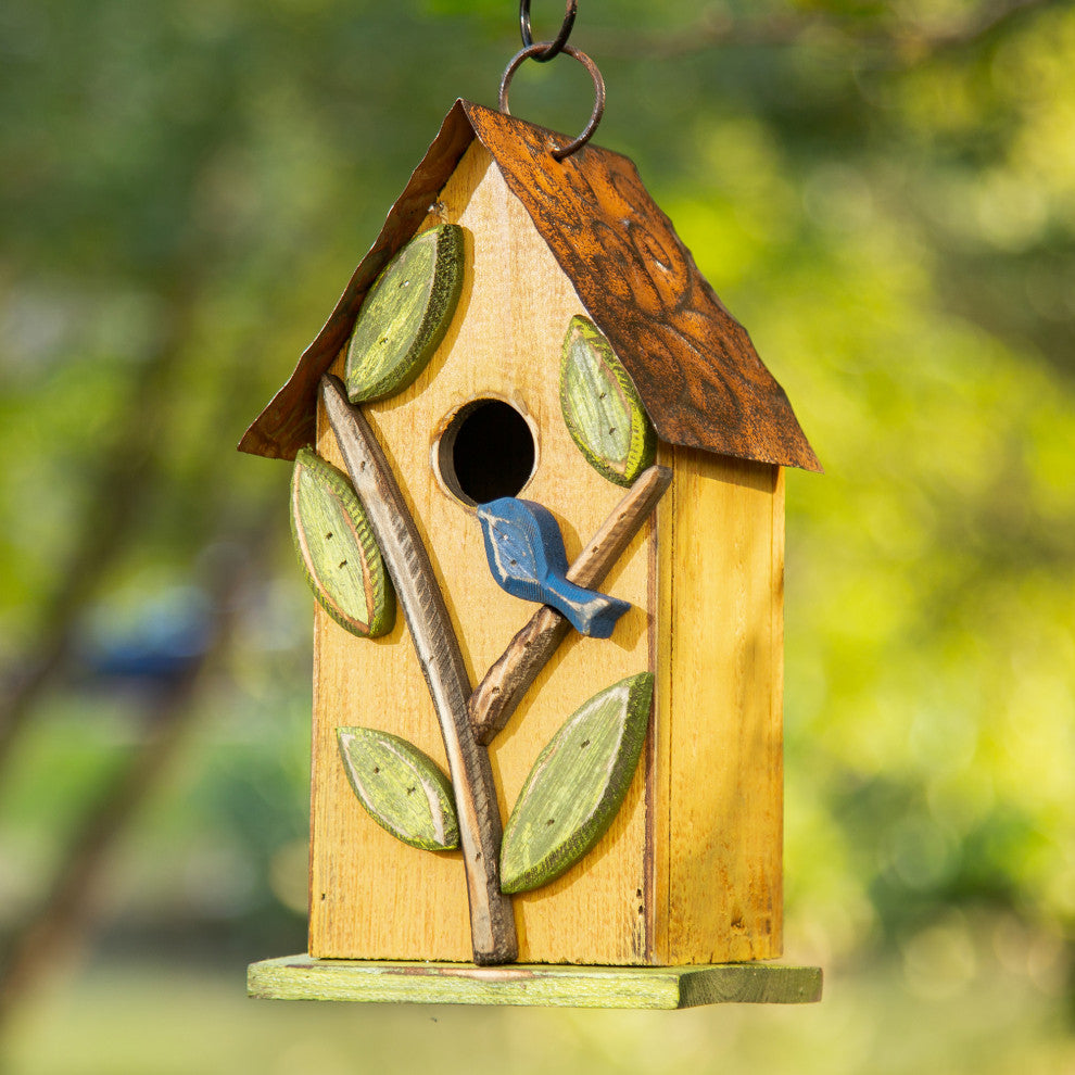9.75"H Washed Yellow Distressed Solid Wood Birdhouse With 3D Tree and Bird