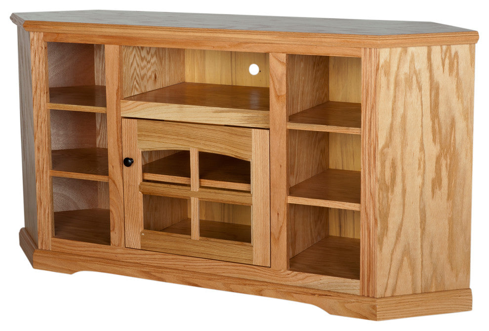 63" Oak Ridge Thin Corner Entertainment Console With Bookcase, Medium Light Oak